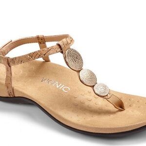 Vionic Tan Cork Lisbeth Sandals Leather Toe Post Silver Orthotic Shoes Size 10W